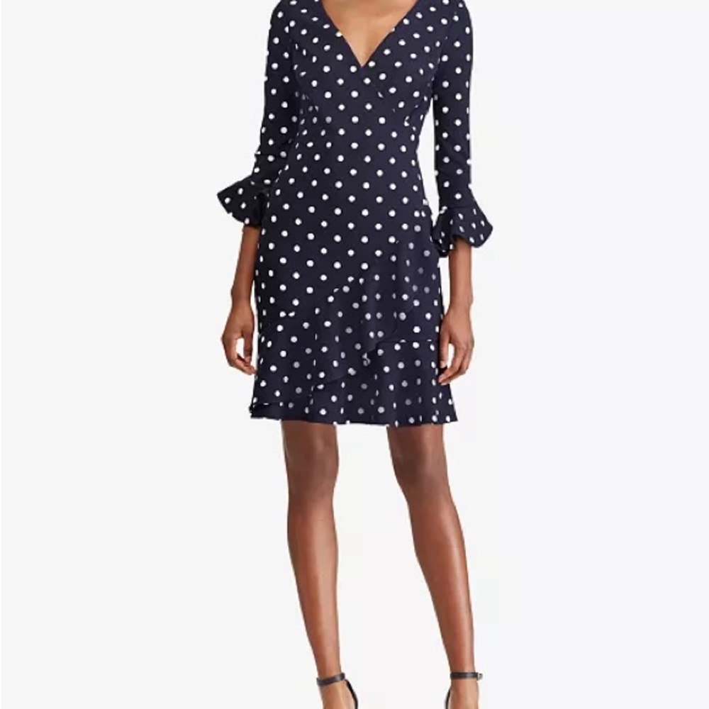 Lauren Ralph Lauren prefect ruffled Navy Polka Dot Dress
